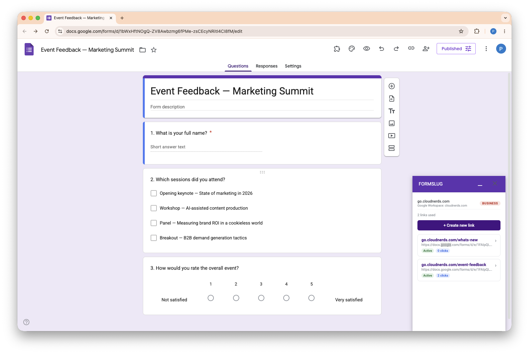 The Google Forms editor with the FormSlug sidebar open on the right