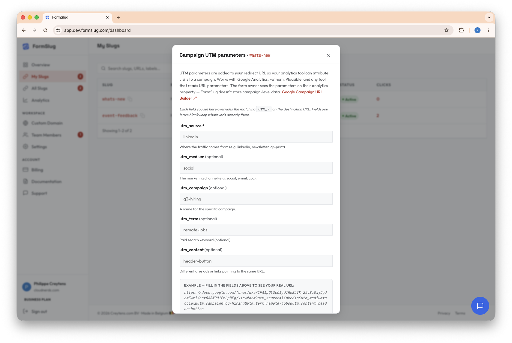 The Campaigns modal opened for a slug, with the five UTM fields visible