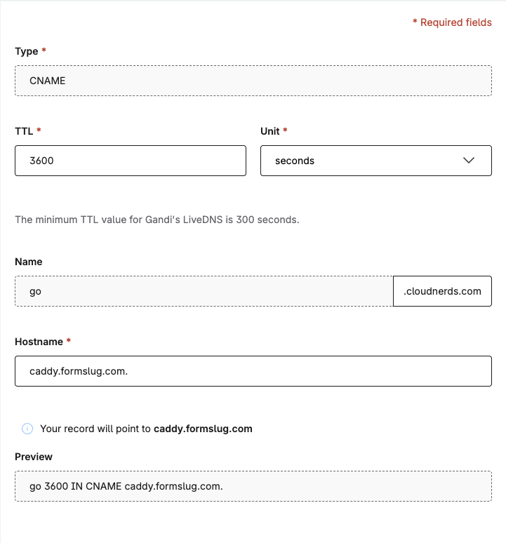 Domain DNS CNAME form