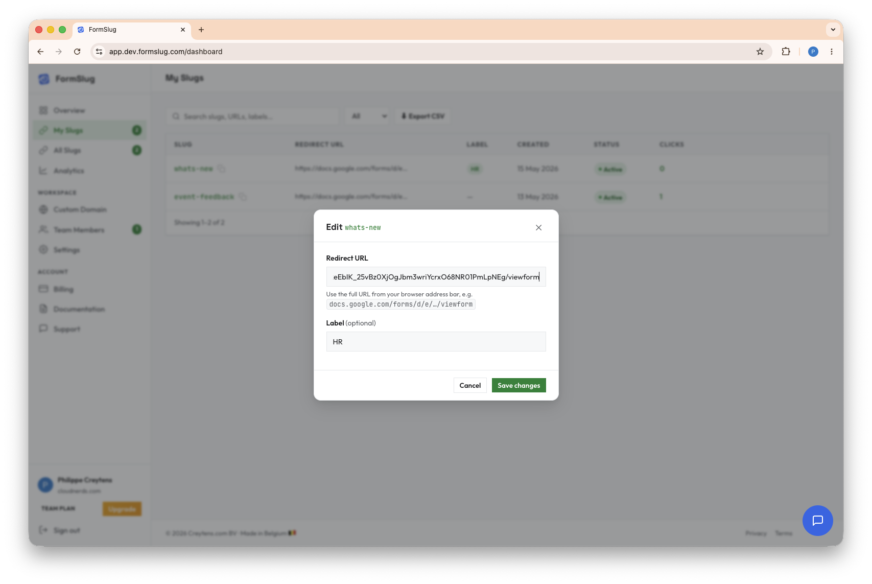 Slug manage edit modal